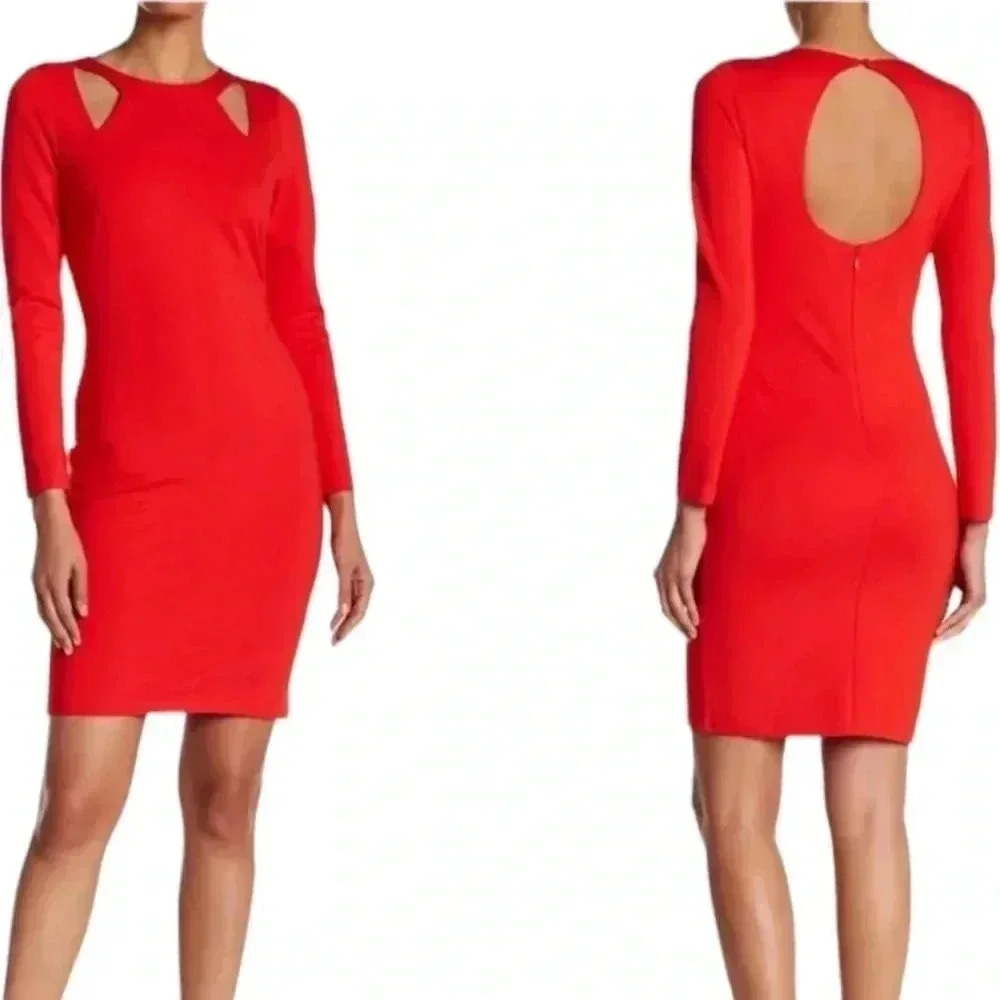 HALSTON HERITAGE | Ponte Knit Dress | Long Sleeve Cutout Keyhole Sheath Red | M